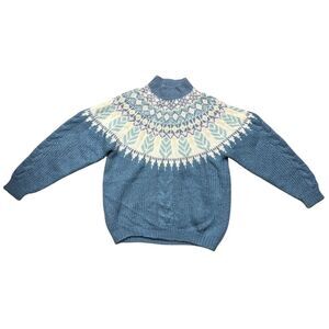 Vintage Tarazzia Women's Fair Isle Knit Sweater Blue Cream Size L Cozy
